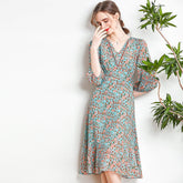 Womens Silk Floral Midi Dress V - Neck Sheer Sleeve Green Silk Dress